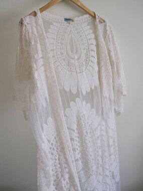Rebellion Again Ivory Boho Kimono Lace Crochet Cardigan Beach Covering Size S